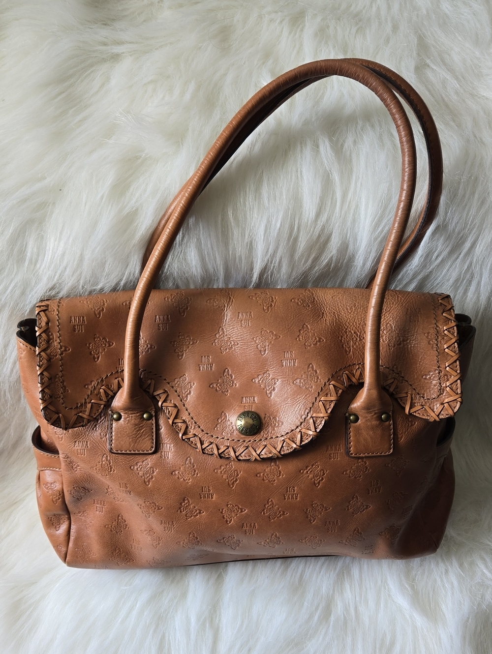 Anna Sui Caramel Brown Scalloped Leather Bag